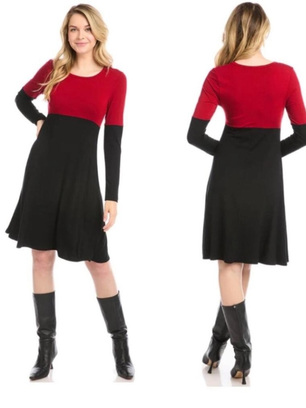 Karen Kane Red and Black Long-Sleeve Colorblock Midi Dress with Turtleneck